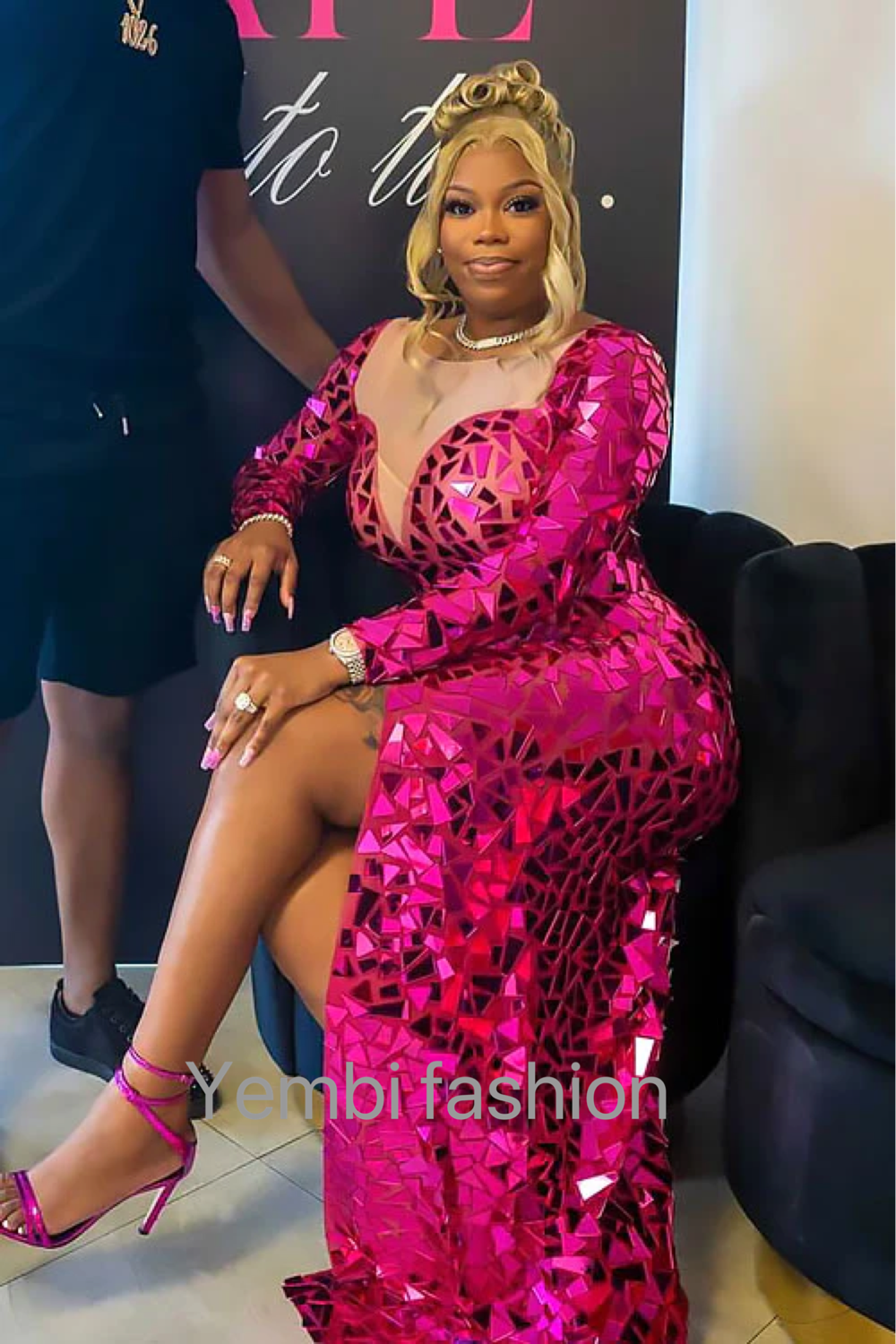Yembi Fashion pink mirror maxi dress with plunging sweetheart neckline, geometric shattered glass mirror pieces, long sleeves, and high thigh slit