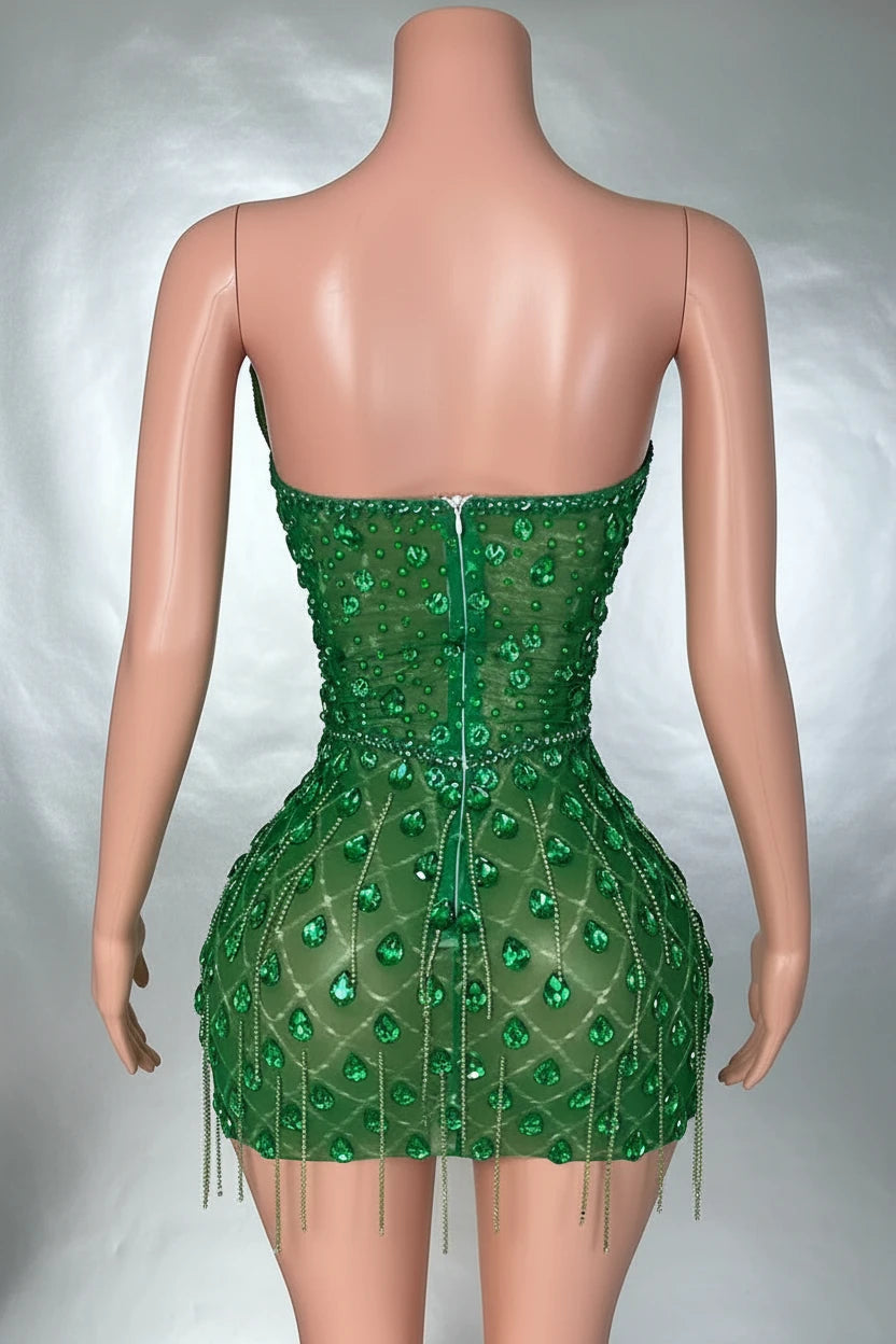 Yembi Fashion green crystal mini dress with asymmetric one shoulder neckline, teardrop emerald rhinestones, and vertical beaded fringe