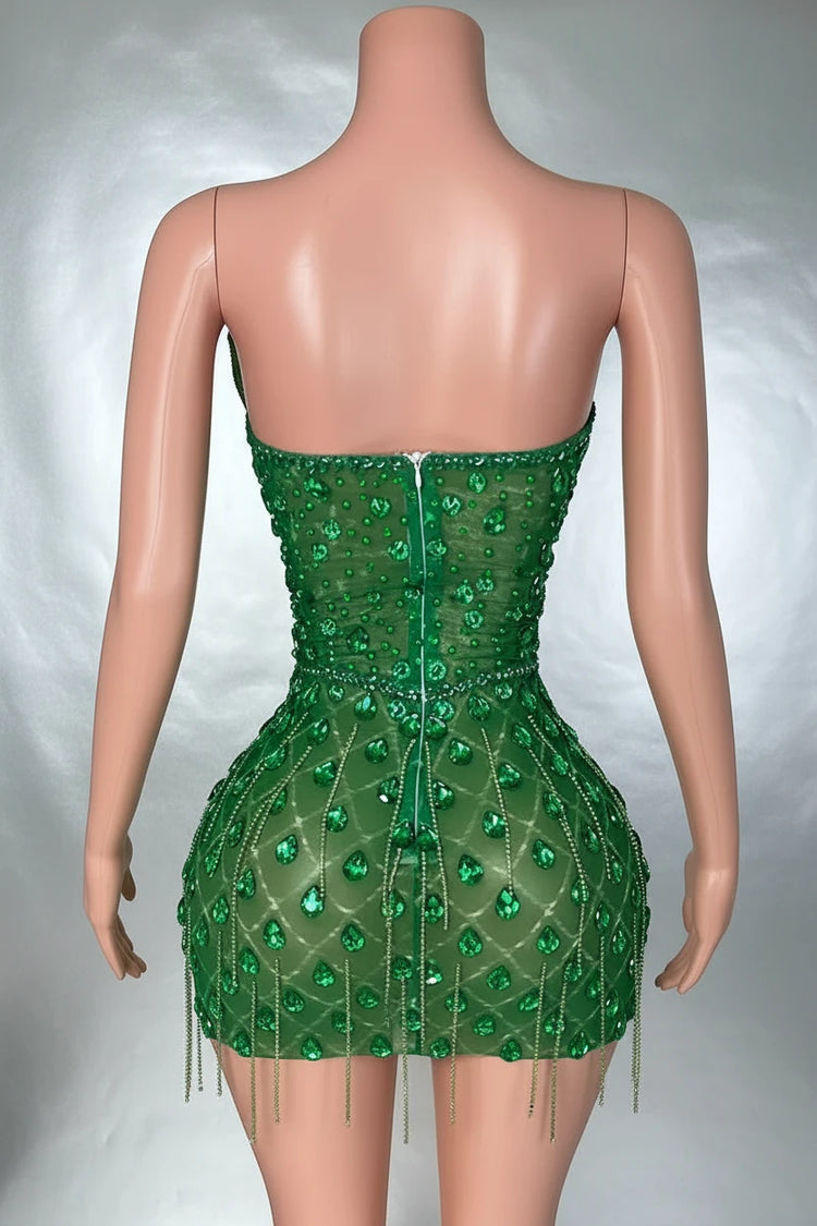 Yembi Fashion green crystal mini dress with asymmetric one shoulder neckline, teardrop emerald rhinestones, and vertical beaded fringe