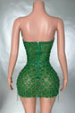 Yembi Fashion green crystal mini dress with asymmetric one shoulder neckline, teardrop emerald rhinestones, and vertical beaded fringe