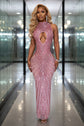Yembi Fashion hot pink rhinestone maxi dress with dramatic chest and hip cutouts, high neck, and vertical fuchsia crystal line detailing