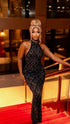 Yembi Fashion black crystal halter dress with sheer mesh, geometric diamond grid pattern, and jet-black rhinestone teardrops