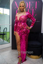 Yembi Fashion pink mirror maxi dress with plunging sweetheart neckline, geometric shattered glass mirror pieces, long sleeves, and high thigh slit