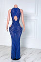 The Ultimate Royal Blue Rhinestone Maxi Dress with Illusion Cutouts