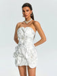 Yembi Fashion luxury white floral applique mini dress featuring a strapless sweetheart silhouette with large 3D flower appliques and scattered sparkly rhinestones