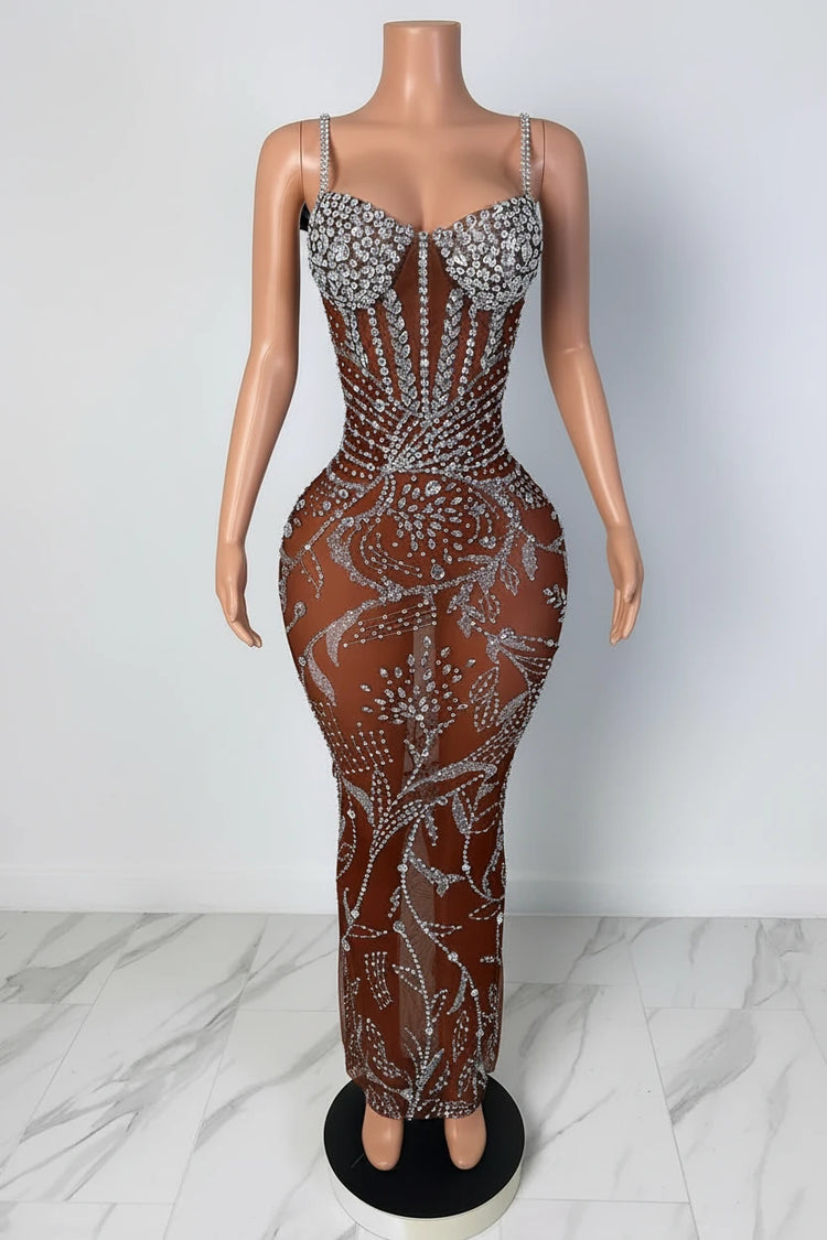 Yembi Fashion brown crystal maxi dress with sweetheart corset cups, thin straps, sheer chocolate brown nude illusion mesh, and floral silver rhinestone branch patterns