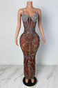 Yembi Fashion brown crystal maxi dress with sweetheart corset cups, thin straps, sheer chocolate brown nude illusion mesh, and floral silver rhinestone branch patterns