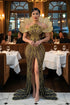 Yembi Fashion gold crystal maxi dress with structured avant-garde fan collar, sheer black nude illusion mesh, and vertical rhinestone linear lines with high slit