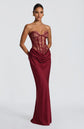Yembi Fashion luxury red strapless maxi gown featuring a structured corset bodice and a dramatic draped basque waist skirt