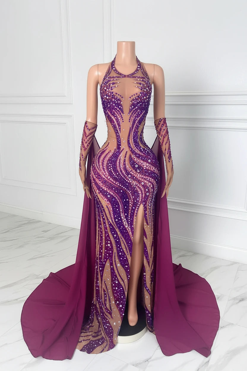 Yembi Fashion purple crystal maxi dress with nude illusion mesh, vertical wavy amethyst rhinestone patterns, high thigh slit, and detachable chiffon cape train