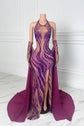 Yembi Fashion purple crystal maxi dress with nude illusion mesh, vertical wavy amethyst rhinestone patterns, high thigh slit, and detachable chiffon cape train