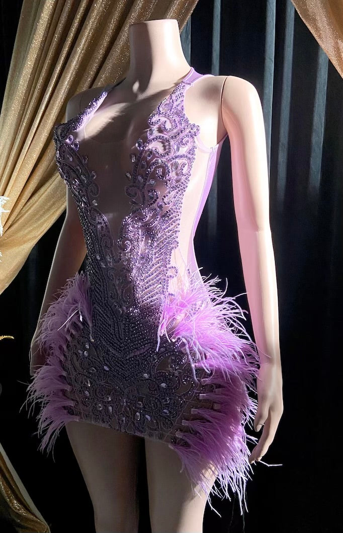 Yembi Fashion feather crystal embellished lavender mini dress with rhinestone illusion bodice and premium ostrich feathers
