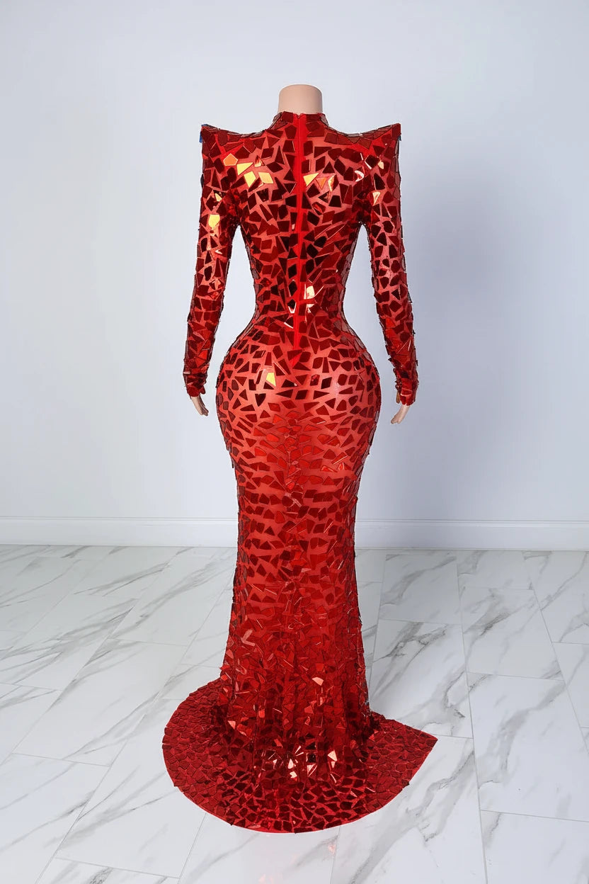 Yembi Fashion red mirror maxi dress with high neck, chest keyhole cutout, geometric shattered glass mirror pieces, long sleeves, and high thigh slit
