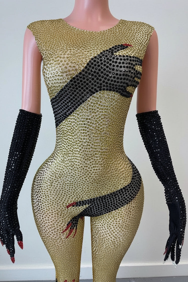 Yembi Fashion luxury gold rhinestone handprint jumpsuit featuring sparkly gold crystals and graphic black hands motif on a bodycon catsuit with matching long gloves