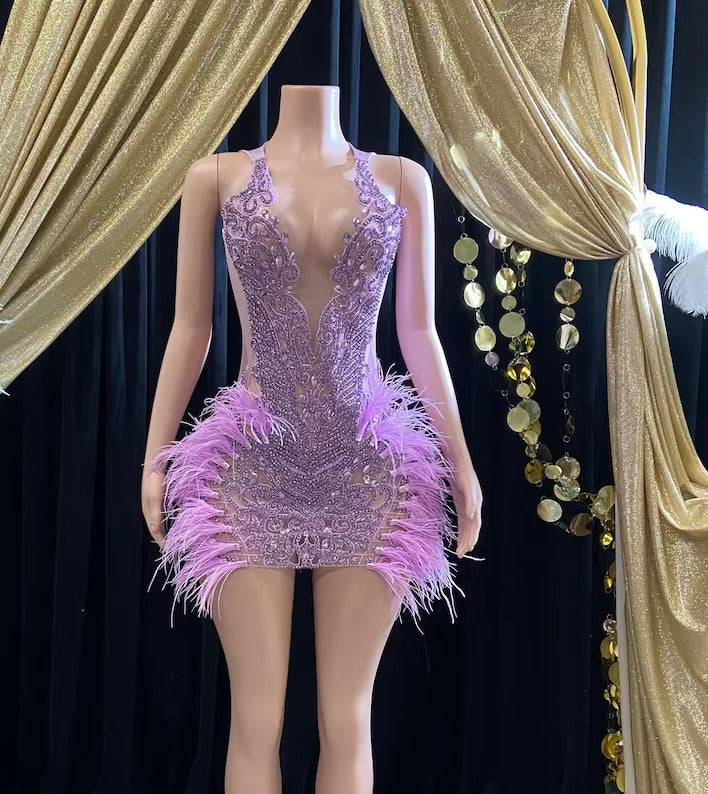 Yembi Fashion feather crystal embellished lavender mini dress with rhinestone illusion bodice and premium ostrich feathers
