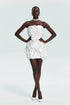 Yembi Fashion luxury white floral applique mini dress featuring a strapless sweetheart silhouette with large 3D flower appliques and scattered sparkly rhinestones