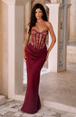 Yembi Fashion luxury red strapless maxi gown featuring a structured corset bodice and a dramatic draped basque waist skirt