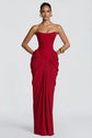 Yembi Fashion luxury red strapless maxi gown featuring a structured corset bodice and a dramatic draped basque waist skirt