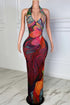Yembi Fashion multicolor crystal maxi dress with plunging halter neck, sheer nude illusion mesh, and abstract swirling patterns of rainbow rhinestones