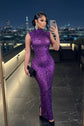 Yembi Fashion purple crystal maxi dress with high mock neck, sleeveless sheer nude illusion mesh, and heavy constellation pattern of amethyst violet rhinestones
