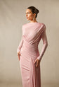 Long Sleeve Boat Neck Maxi Dress – Draped Waist Evening Gown with Side Gather