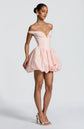 Yembi Fashion luxury pink off-the-shoulder puff mini dress featuring a structured corset bodice with a plunging V-neckline and dramatic bubble skirt