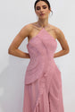 Pink Asymmetry Pleated Halterneck Midi Dress