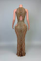 Yembi Fashion gold rhinestone maxi dress with dramatic chest and hip cutouts, high neck, and vertical gold crystal line detailing