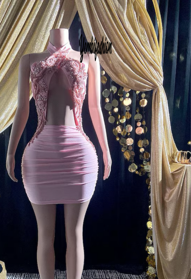 Chloe Mini Pink Dress with embellished accents and sparkling crystal details.