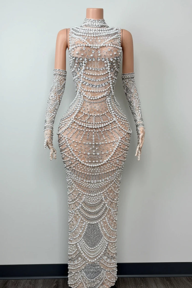 Yembi Fashion silver rhinestone maxi dress with high mock neck, sheer beige nude illusion mesh, geometric scalloped patterns of crystals and white pearls, and matching embellished gloves