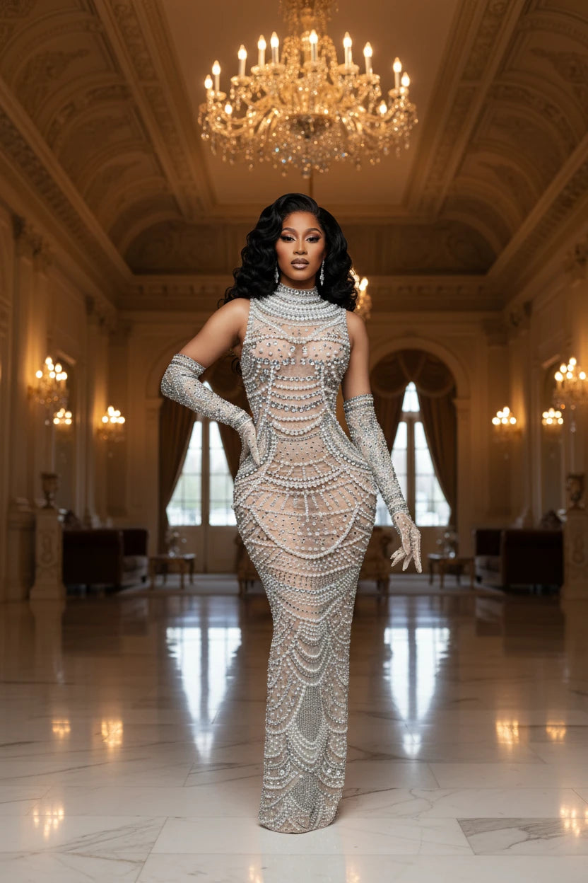 Yembi Fashion silver rhinestone maxi dress with high mock neck, sheer beige nude illusion mesh, geometric scalloped patterns of crystals and white pearls, and matching embellished gloves