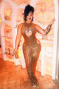 Yembi Fashion gold rhinestone maxi dress with dramatic chest and hip cutouts, high neck, and vertical gold crystal line detailing