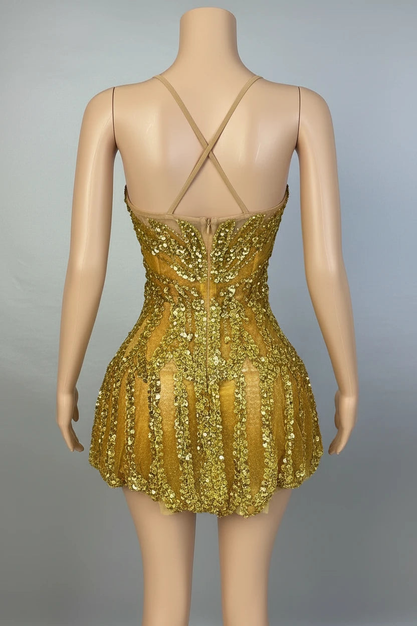 Yembi Fashion gold sequin mini dress with strapless sweetheart neckline and sheer nude-illusion corset bodice