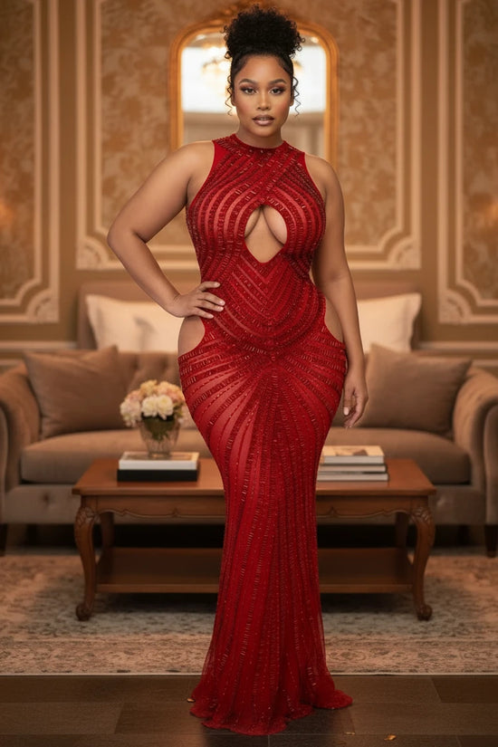 The Ultimate Red Rhinestone Maxi Dress with Illusion Cutouts
