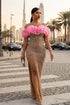 Yembi Fashion pink ruffled maxi dress with off the shoulder sweetheart neckline, sheer nude illusion mesh, silver crystals, and bold pink 3D ruffled fabric trim