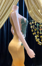 Formal wedding guest dress with rhinestone embellishments, featuring a stunning long design
