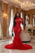 Yembi Fashion red feather crystal gown with high mock neck, long sleeves, nude illusion mesh bodice with ruby rhinestone beadwork, and plush ostrich feather mermaid train