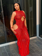 Yembi Fashion red rhinestone maxi dress with dramatic chest and hip cutouts, high neck, and vertical crystal line detailing