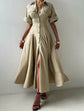 Collared cotton A-line maxi shirt dress