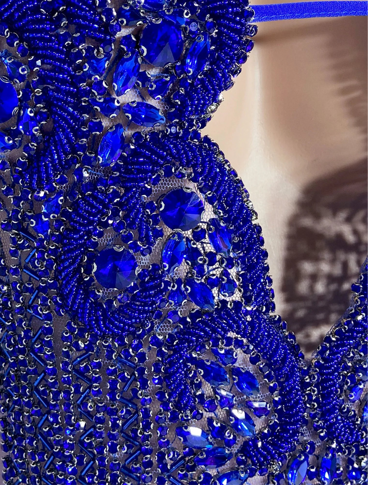 Blue Rhinestone Embellish Mini Dress - Yembifashion 
