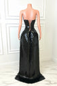 Yembi Fashion black feather maxi dress with plunging neckline, sheer nude illusion mesh cutout, silver rhinestone crystal belt, and high thigh slit