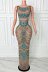 Yembi Fashion turquoise crystal maxi dress with round neckline, sleeveless sheer beige mesh, and geometric scalloped patterns of aqua and silver rhinestones