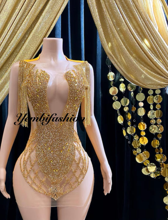 Eve Embellished Mini Dress in Gold with intricate rhinestone detailing, perfect for glamorous events and special occasions."