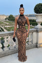 Yembi Fashion black rhinestone maxi dress with nude illusion mesh, high mock neck, and abstract crystal branching patterns