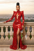 Yembi Fashion red mirror maxi dress with high neck, chest keyhole cutout, geometric shattered glass mirror pieces, long sleeves, and high thigh slit