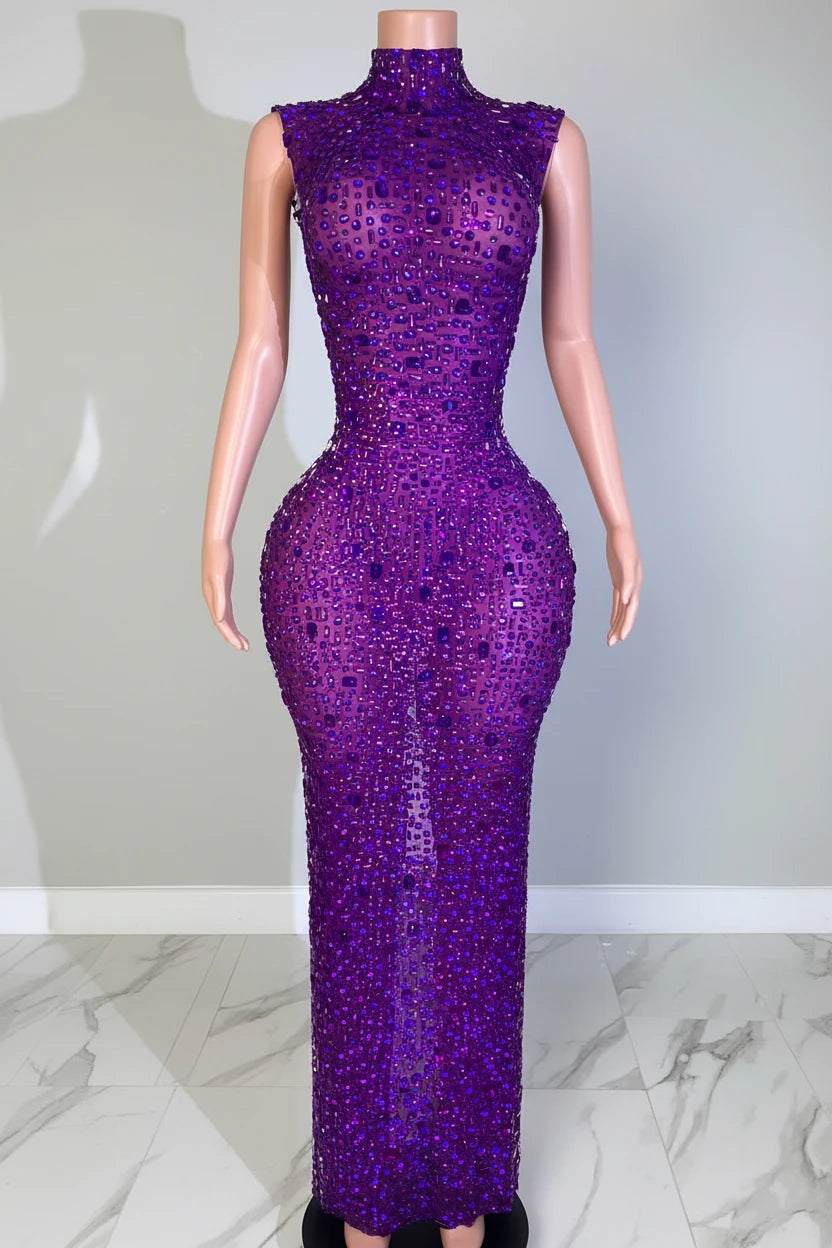 Yembi Fashion purple crystal maxi dress with high mock neck, sleeveless sheer nude illusion mesh, and heavy constellation pattern of amethyst violet rhinestones