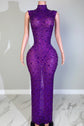 Yembi Fashion purple crystal maxi dress with high mock neck, sleeveless sheer nude illusion mesh, and heavy constellation pattern of amethyst violet rhinestones