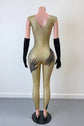 Yembi Fashion luxury gold rhinestone handprint jumpsuit featuring sparkly gold crystals and graphic black hands motif on a bodycon catsuit with matching long gloves