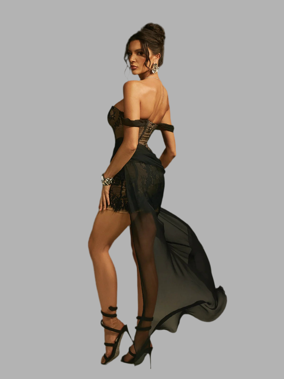 Katy off shoulder lace and mesh maxi dress