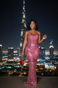Yembi Fashion pink mirror maxi dress with strapless sweetheart neckline, sheer nude illusion mesh, and linear geometric pink reflective mirror shards